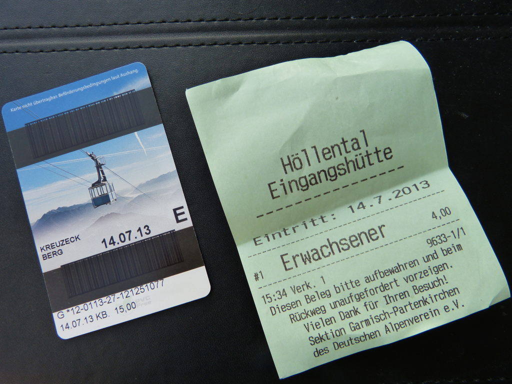Kreuzeckbahn-Ticket und Eintrittskarte Höllentalklamm Eingangshütte vom 14. Juli 2013