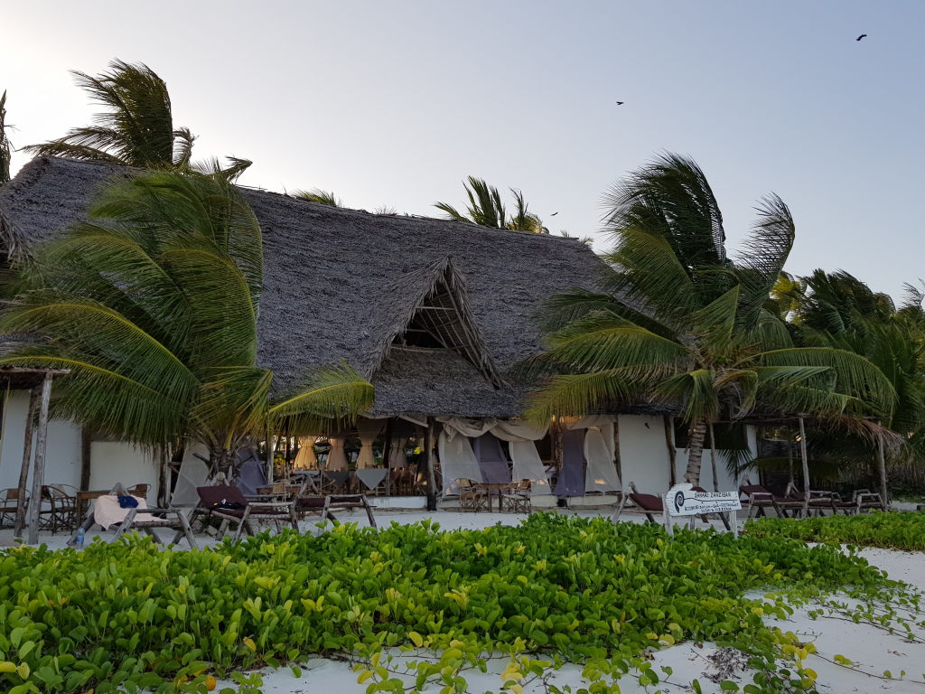 Strandrestaurant mit Strohdach und Palmen auf Sansibar