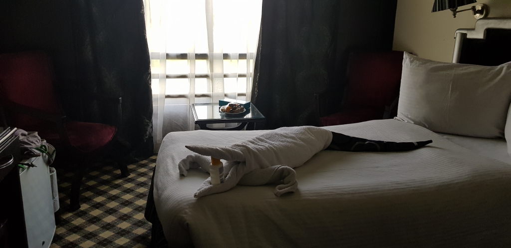 Hotelkabine auf der MS Semiramis II mit Handtuchfigur auf dem Bett