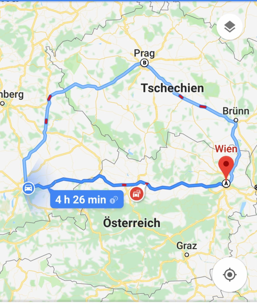 Google Maps Route Wien Prag Roadtrip über Tschechien, 4 Stunden 26 Minuten
