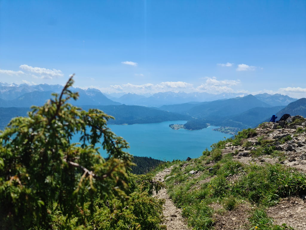 Jochberg Gipfel Blick auf den Walchensee in Bayern im Juni 2020