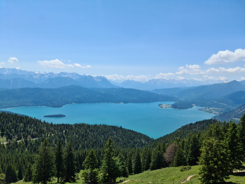 Jochberg Walchensee Panorama mit Alpenblick im Juni 2020