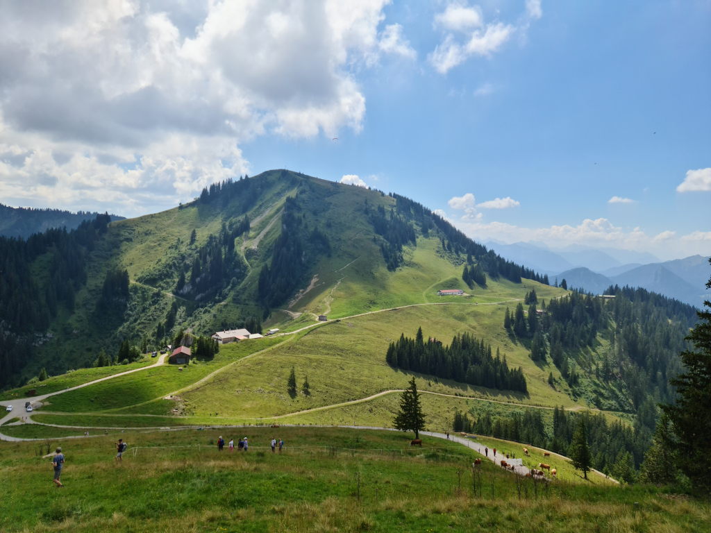 Almwiesen zwischen Wallberg und Setzberg mit Wanderern, Kühen und Hütten, Tegernsee im Hintergrund