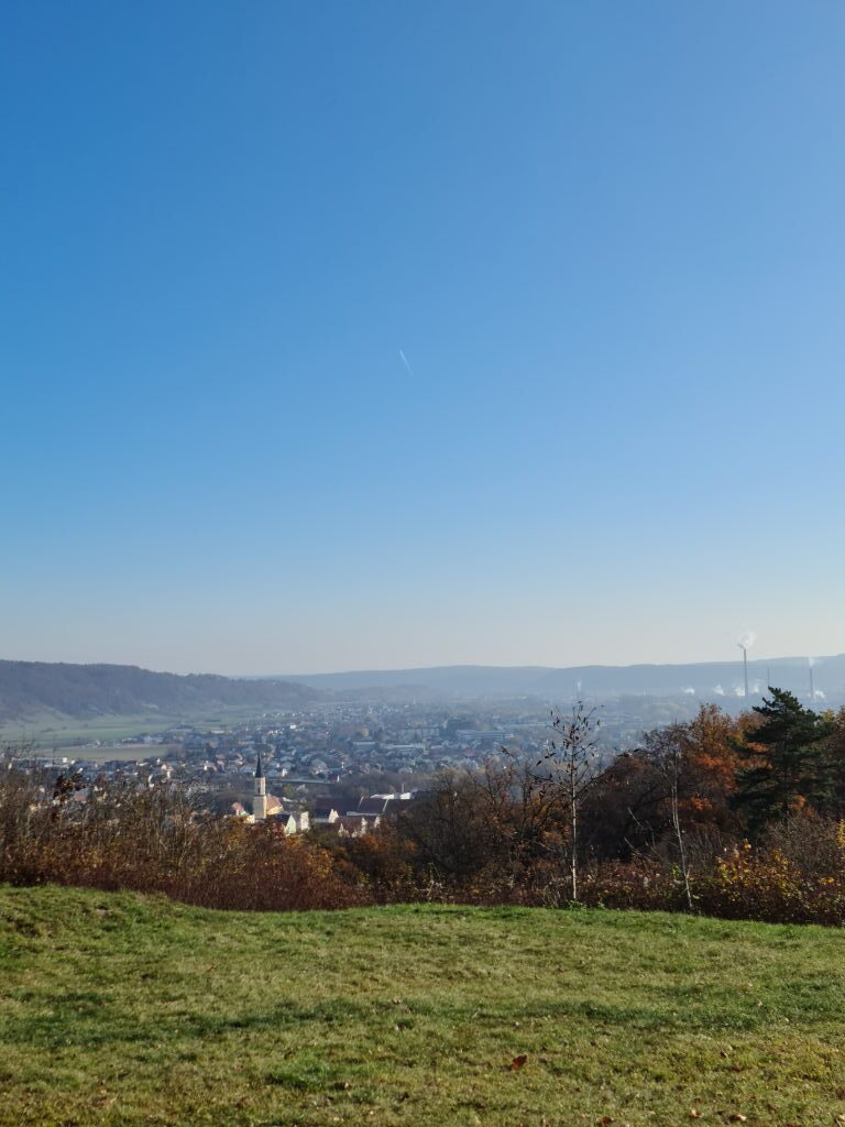 Panoramablick vom Altmühltal auf Kelheim mit Kirchturm, Herbst, leichter Dunst, November 2020