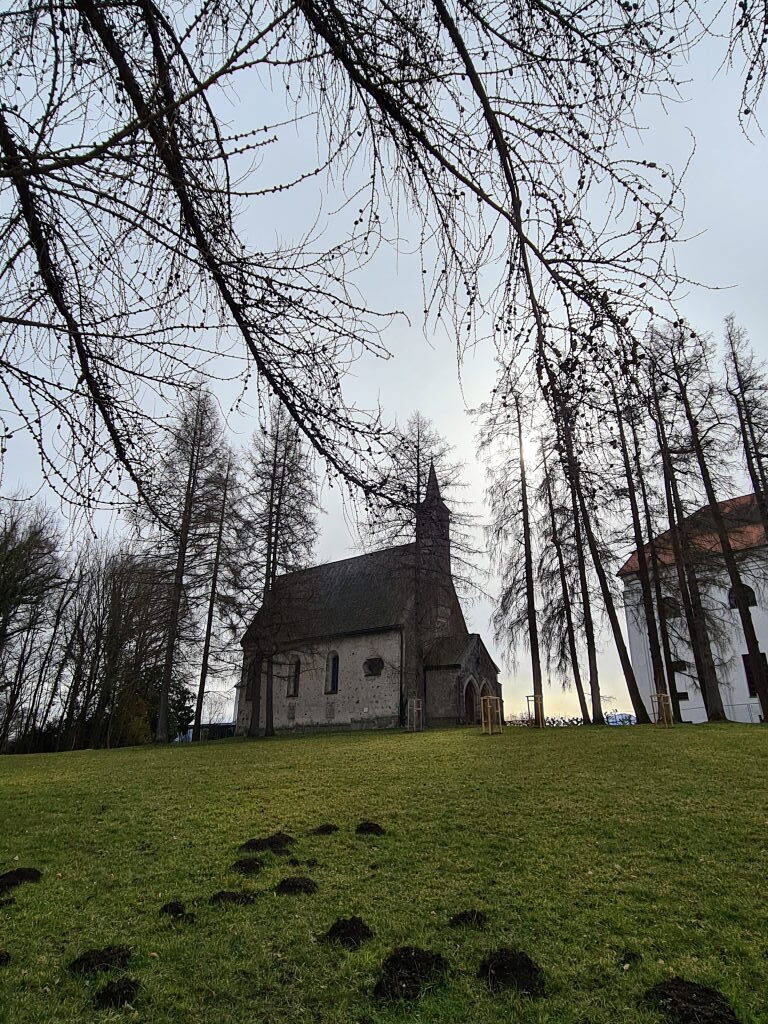 Mittelalterliche Kapelle des Augustiner Chorherrenstifts Herrenchiemsee, umrahmt von kahlen Bäumen, März 2021