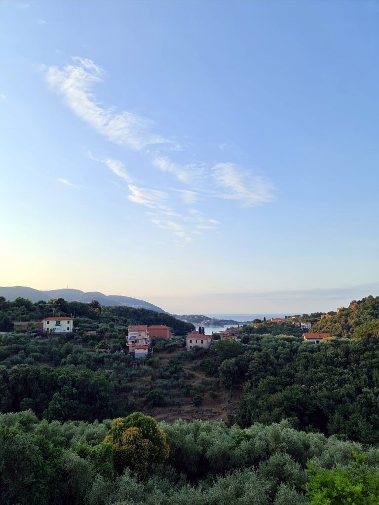 Panorama von Riomaggiore mit Olivenhainen und Küste, Juli 2021