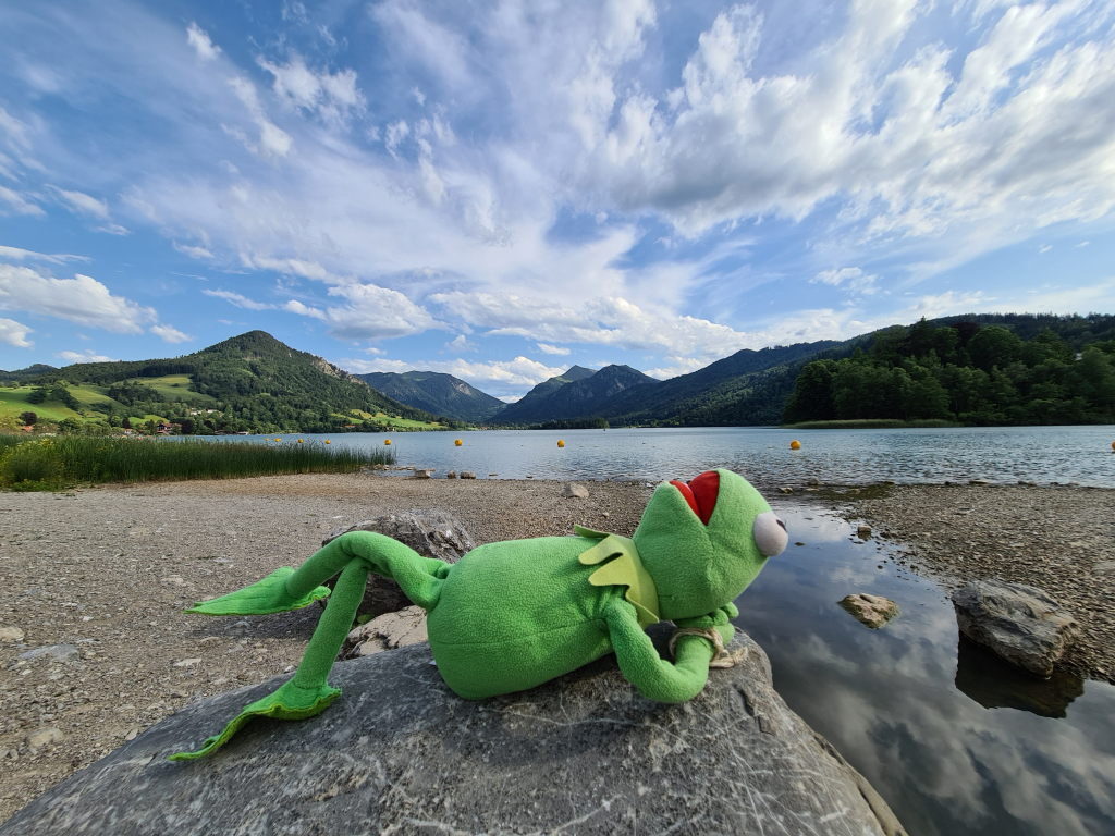 Kermit liegt auf einem Stein am Ufer des Schliersees, im Hintergrund Berge und ein bewölkter Sommerhimmel