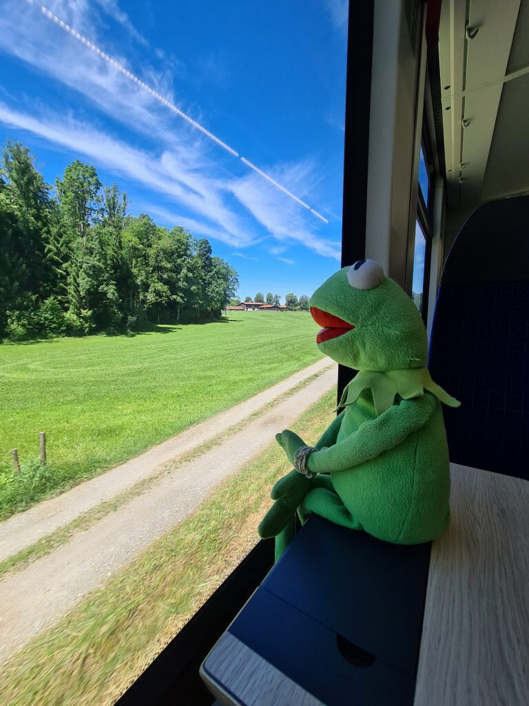 Kermit sitzt am Zugfenster und schaut auf grüne Wiesen und blauen Himmel auf dem Weg zum Tegernsee