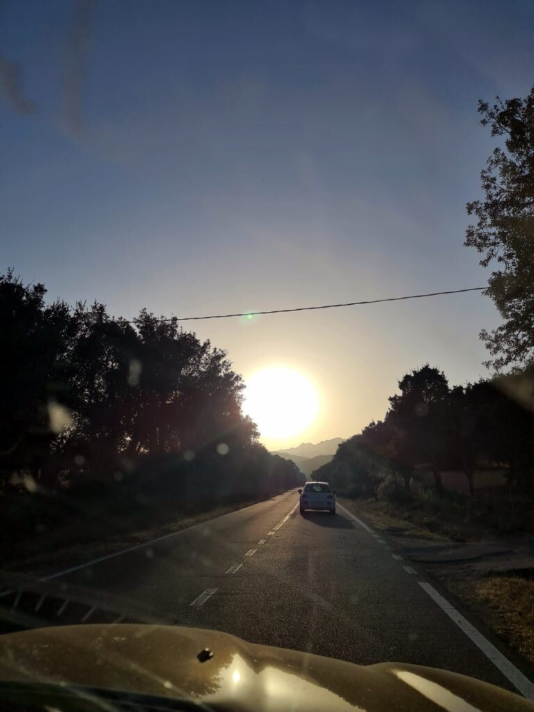 Sonnenuntergang durch die Windschutzscheibe auf einer sardischen Landstraße, Sonne direkt auf der Straßenachse