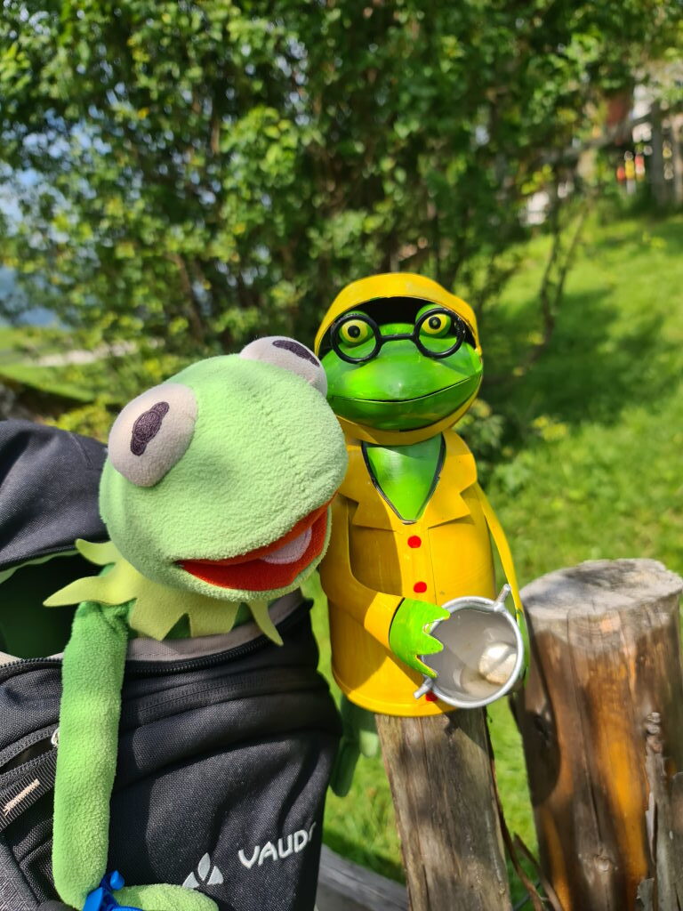 Kermit neben einem anderen Frosch aus Metall mit gelbem Regenmantel