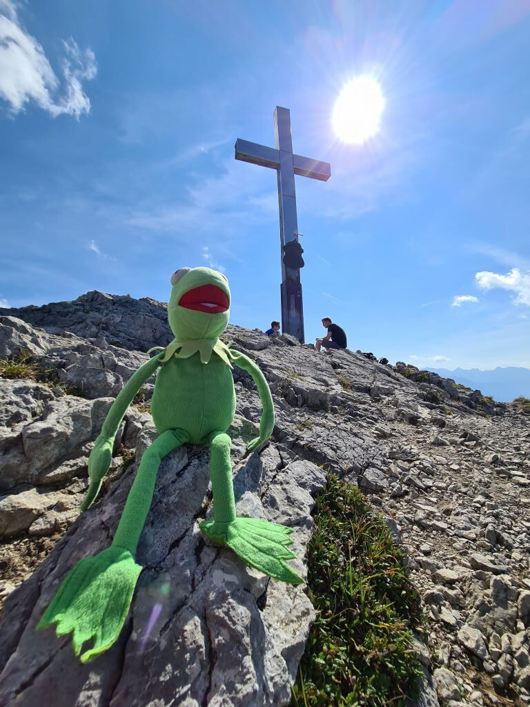 Kermit sitzt vor dem Gipfelkreuz am Heimgarten im Gegenlicht der Sonne, September 2021