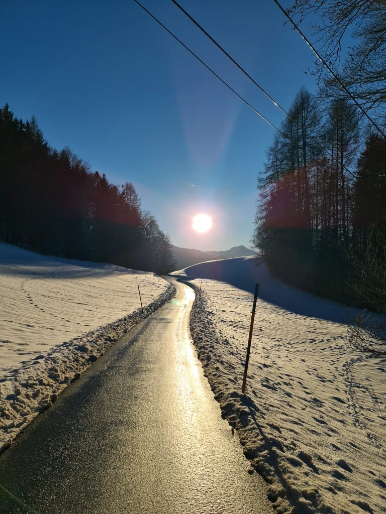 Vereiste Forststraße beim Abstieg vom Baumgartenschneid Januar 2022