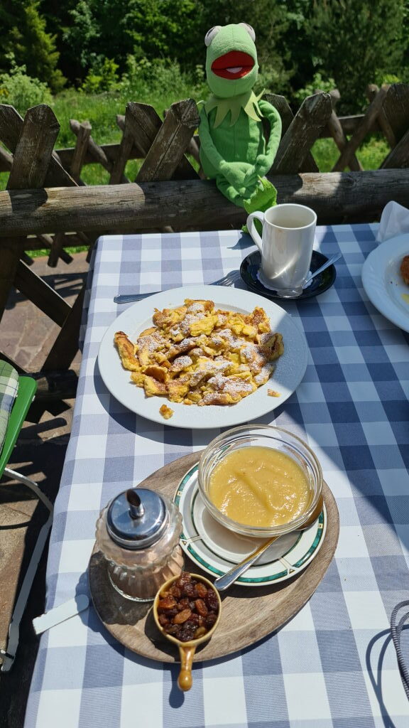 Kaiserschmarrn mit Apfelmus und Rosinen auf blau-weißer Tischdecke im Berggasthaus Ederkanzel, Kermit im Hintergrund