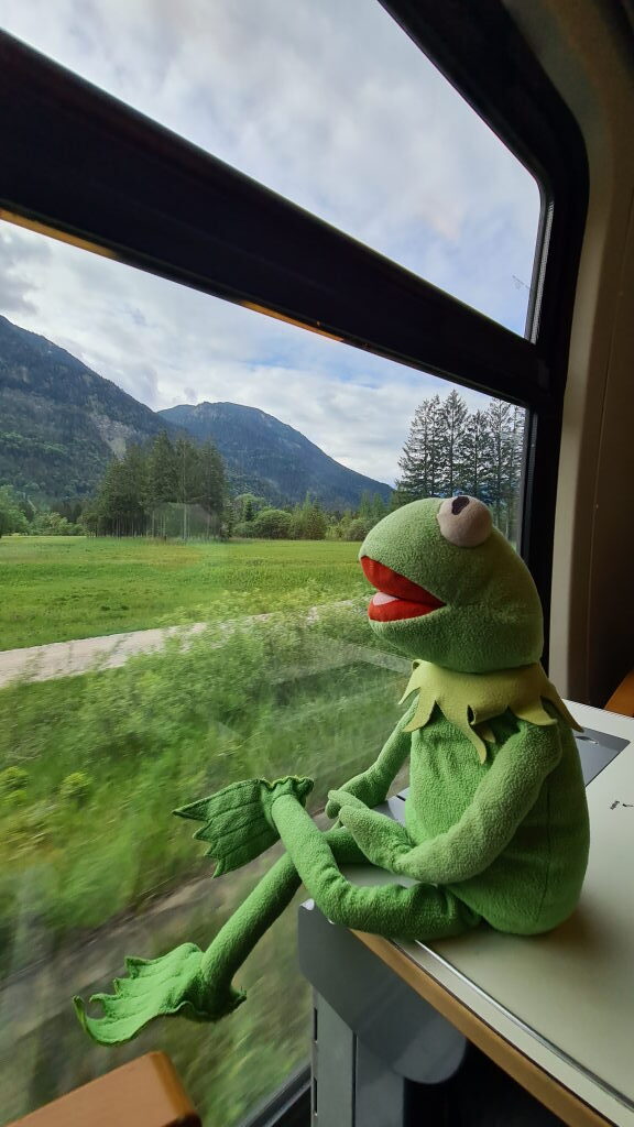 Kermit sitzt auf dem Zugfenster-Sims und blickt auf die Alpenlandschaft bei der Fahrt nach Mittenwald