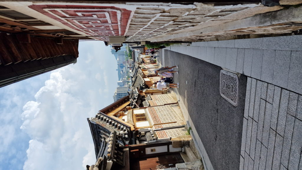 Hanok Dächer in Bukchon mit N Seoul Tower im Hintergrund