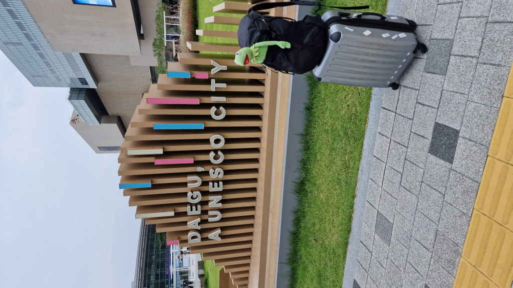 Daegu UNESCO City Schild vor Bahnhof mit Kermit und Gepäck