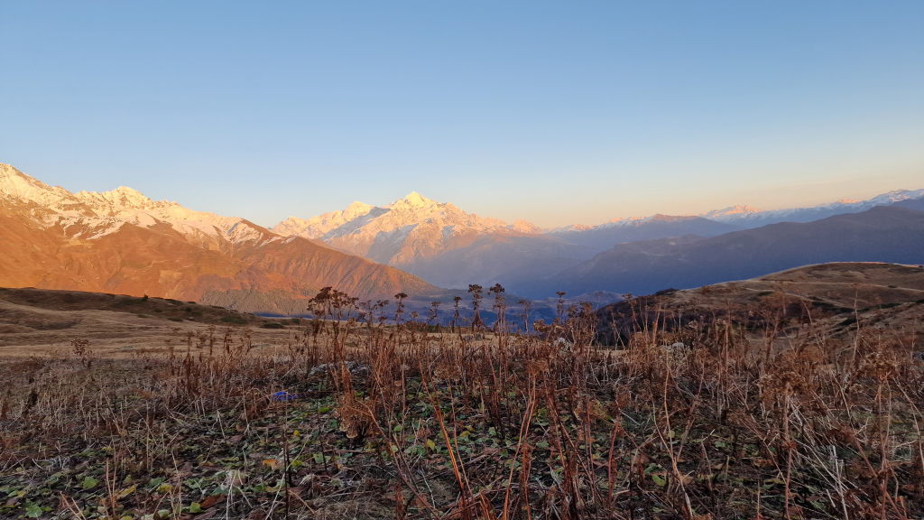 Sonnenuntergang über dem Kaukasus mit vertrockneten Pflanzen im Vordergrund