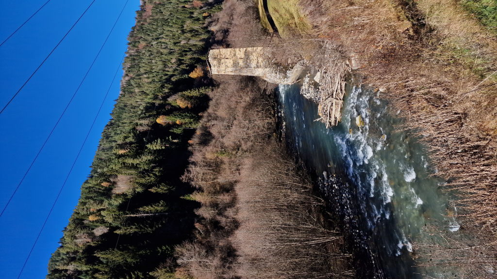 Wehrturm am reißenden Gebirgsfluss mit Treibholz davor