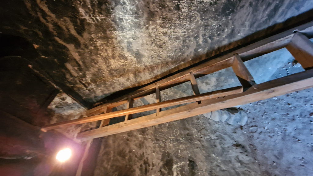 Steile Holzleiter im Inneren eines mittelalterlichen Svan-Wehrturms