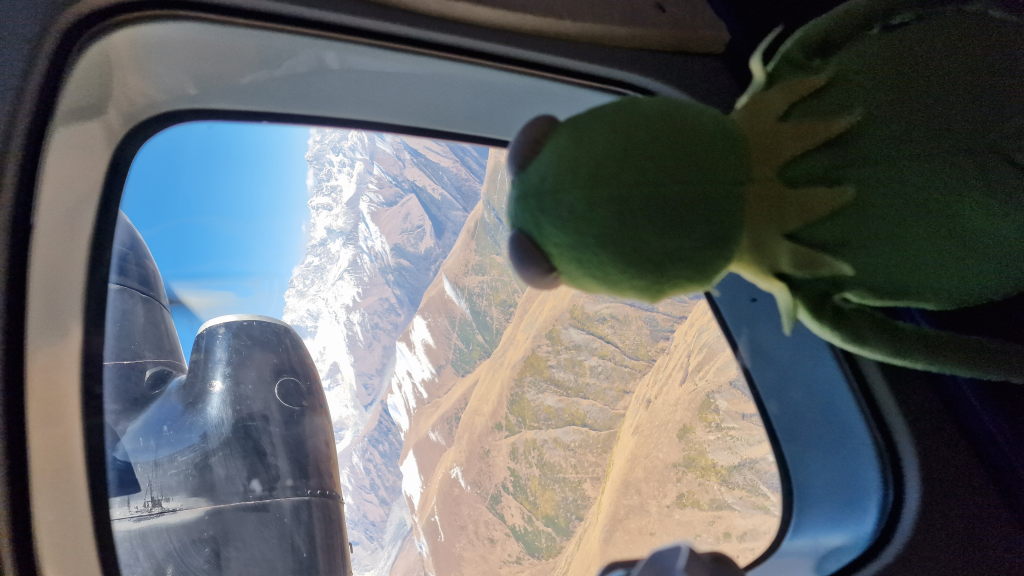 Kermit schaut aus Flugzeugfenster auf schneebedeckten Kaukasus