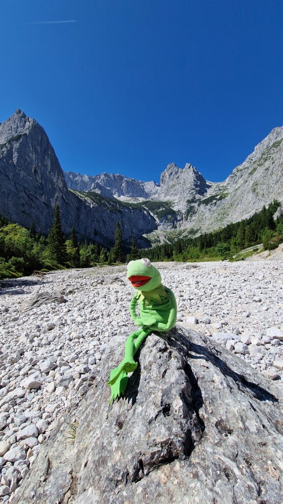 Kermit-Plüschtier sitzt auf Felsen im Höllental mit Alpenpanorama