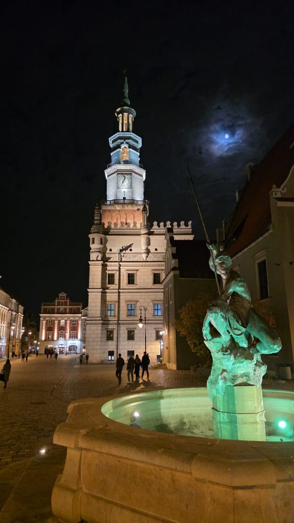 Posener Rathaus und Neptunbrunnen am Alten Markt bei Nacht mit Mond, November 2025