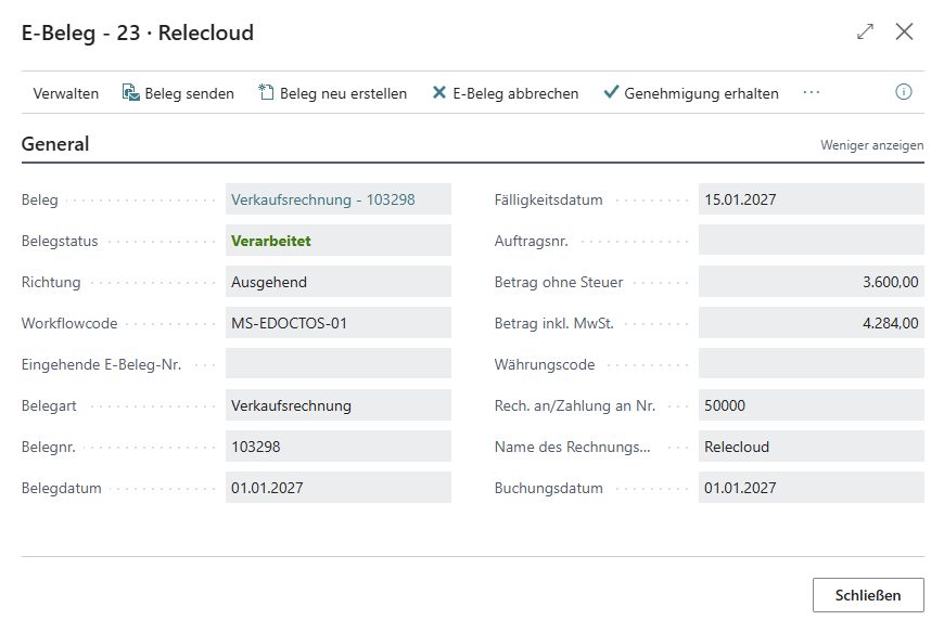 E-Beleg-Protokoll mit Status Exportiert