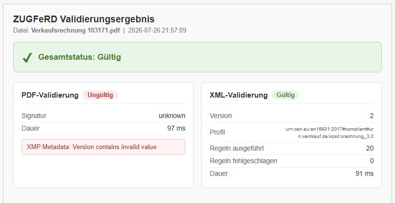 Validierungsergebnis mit grünem Gesamtstatus