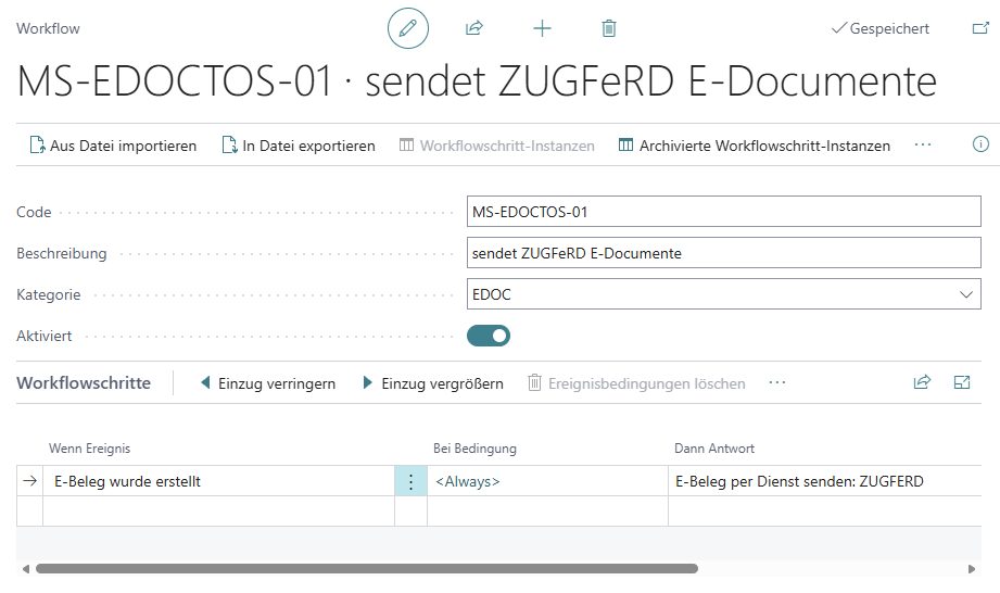 Workflow mit einer Zeile, Schalter Aktiviert an