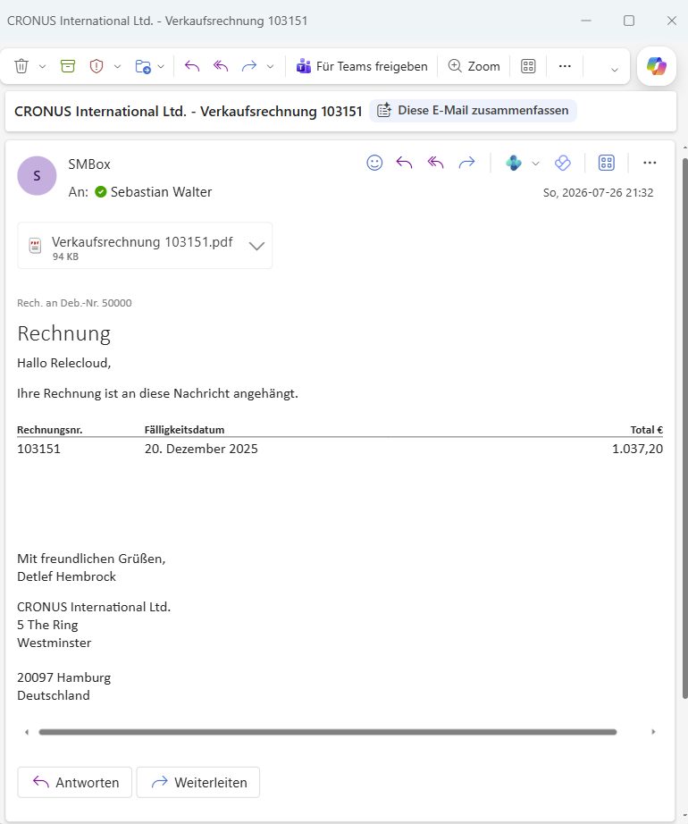 Empfangene E-Mail mit angehängter ZUGFeRD-PDF